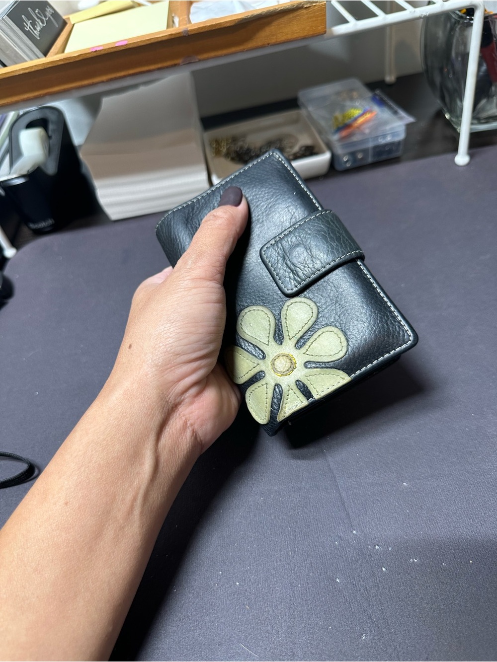 Black Leather Women's Wallet with Yellow Floral Accent